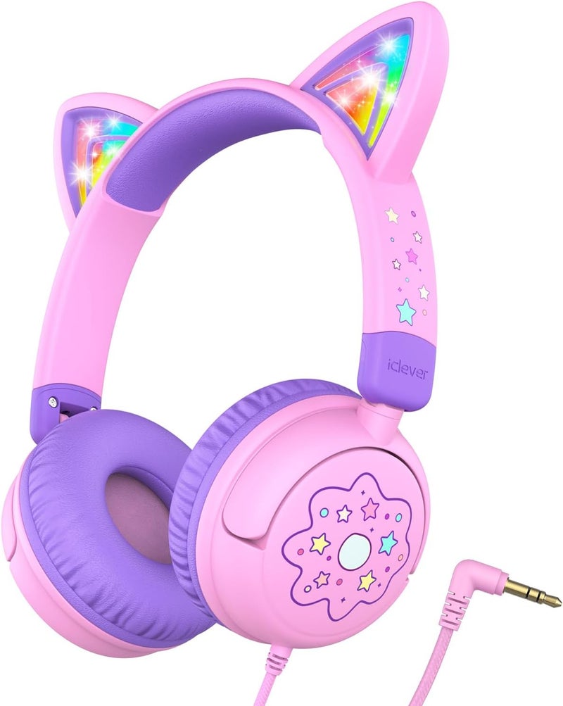 iClever Kids Headphones Cat Ear, LED Light Up, 85dBA Safe Volume, Stereo Sound Toddler Headphones for Travel School, Foldable 3.5mm Wired Kids Headphone for iPad Tablets, Meow Lollipop -Pink - Image 1